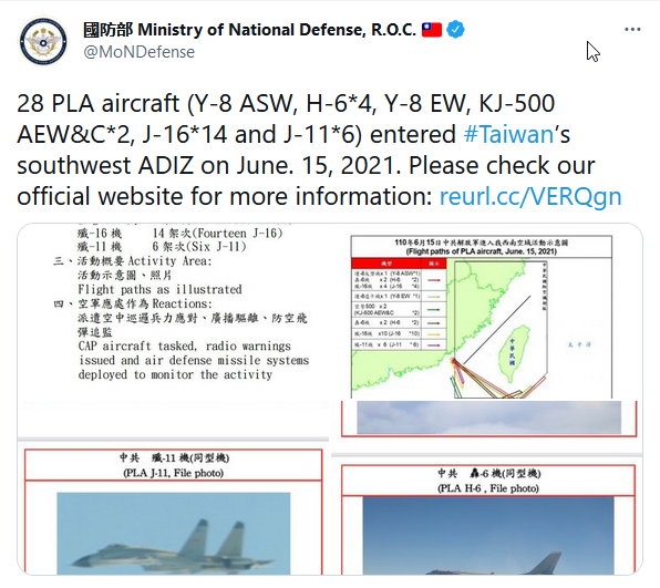 ROC Reports Incursion by 28 PLA Aircraft
