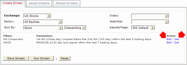 Stock Screener DelEdit filter